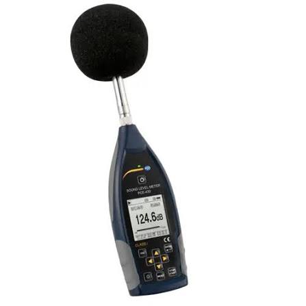 PCE-430 Class 1 sound level meter performing real-time octave band analysis.
