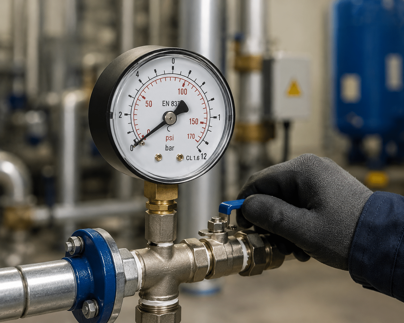 A gloved hand turning a valve on a pipe with an analog pressure gauge in an industrial facility.