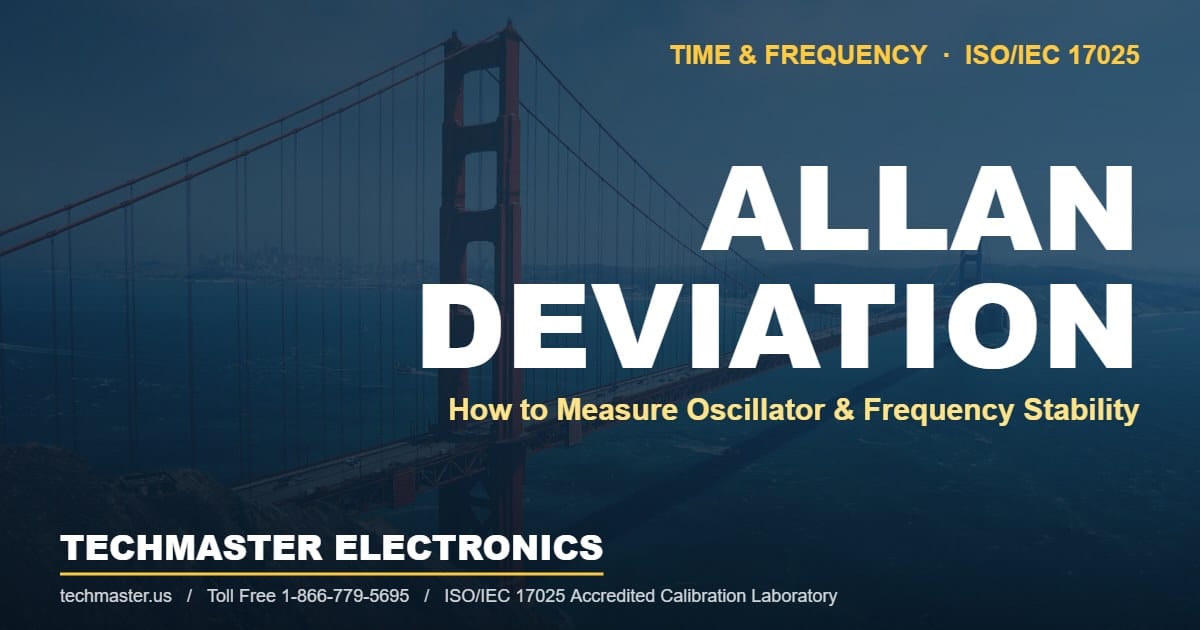 Techmaster Electronics Allan deviation guide featured image with Golden Gate Bridge and ISO/IEC 17025 accreditation