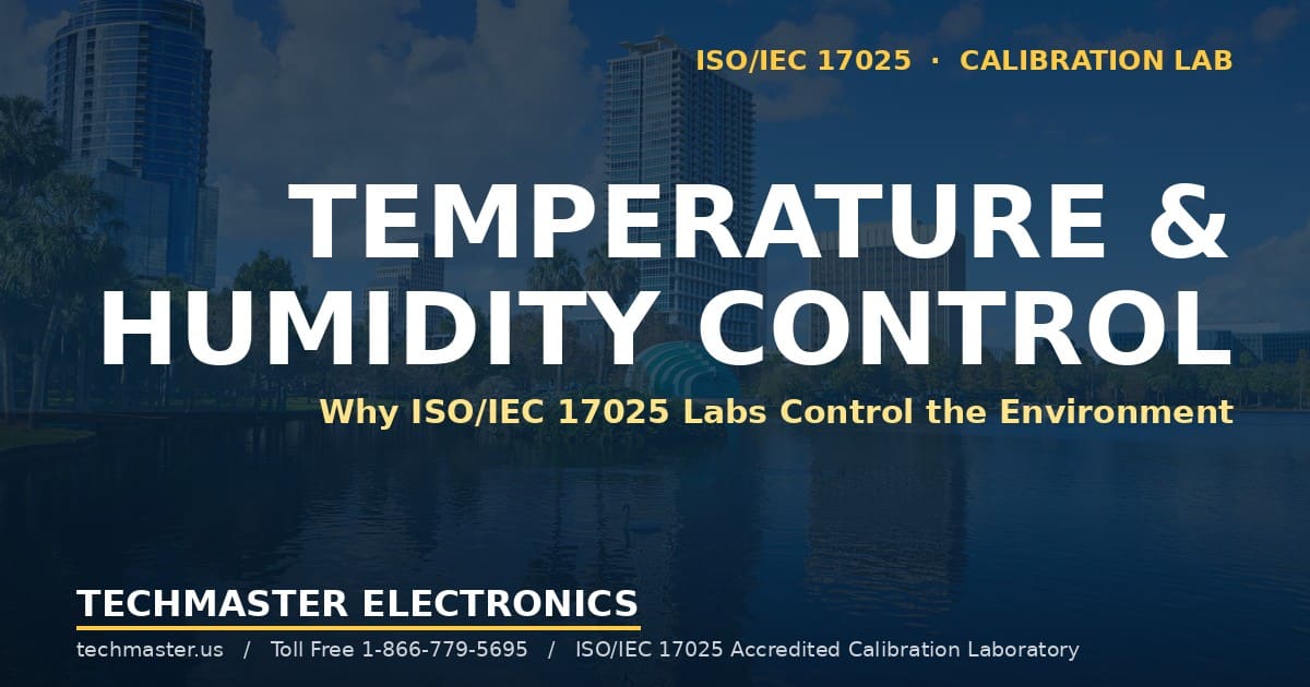 Techmaster Electronics featured banner over the Orlando, Florida skyline: Temperature and Humidity Control, why ISO/IEC 17025 calibration labs control the environment