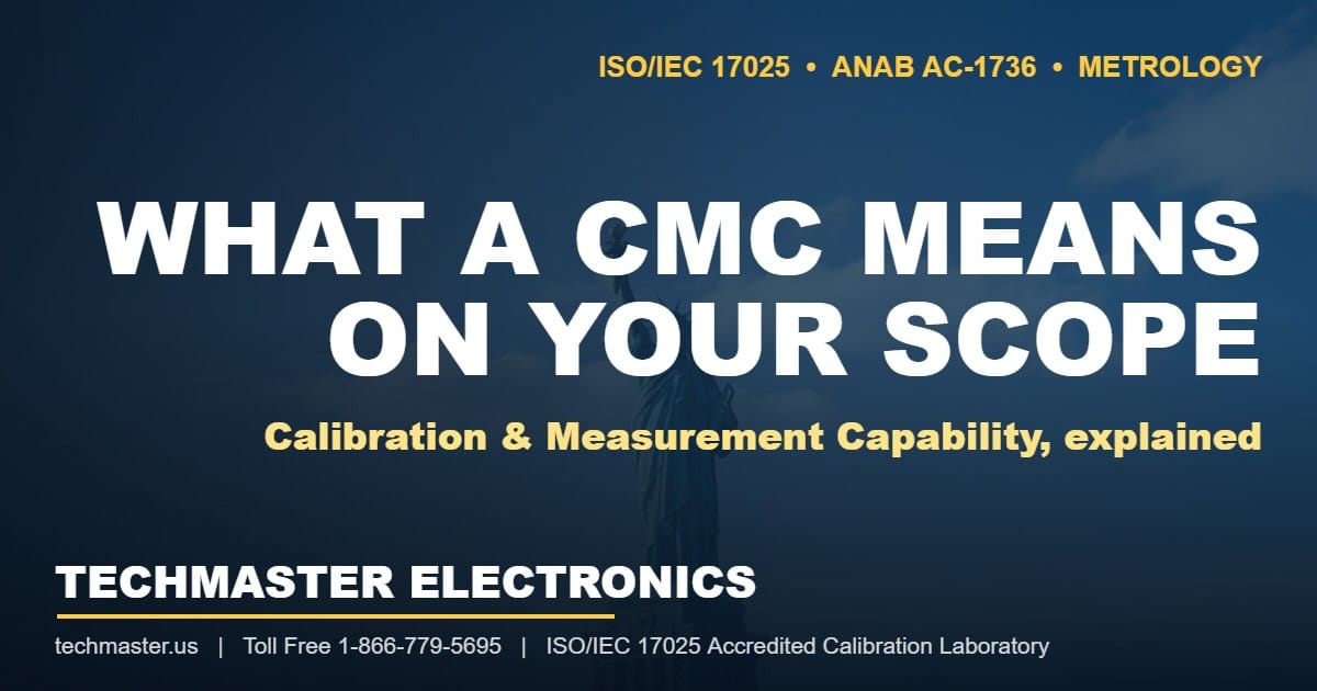 Techmaster Electronics featured graphic over a Statue of Liberty backdrop reading What a CMC Means on Your Scope, ISO/IEC 17025 ANAB AC-1736