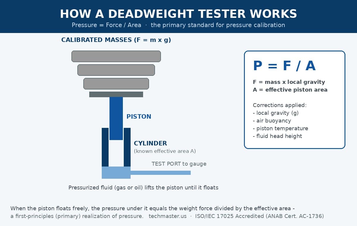 Diagram of how a deadweight tester works — calibrated masses on a floating piston-cylinder realize pressure as force divided by effective area, with corrections for local gravity, air buoyancy, piston temperature and fluid head