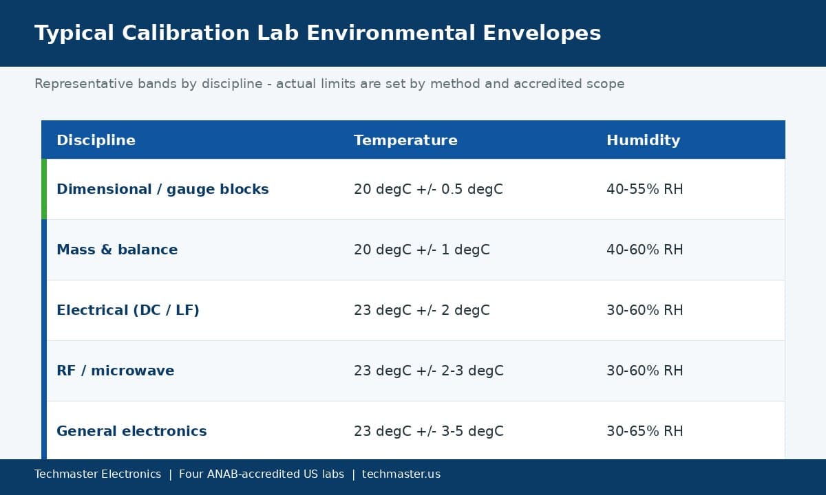 Table of typical calibration lab environmental envelopes (temperature and humidity) by discipline