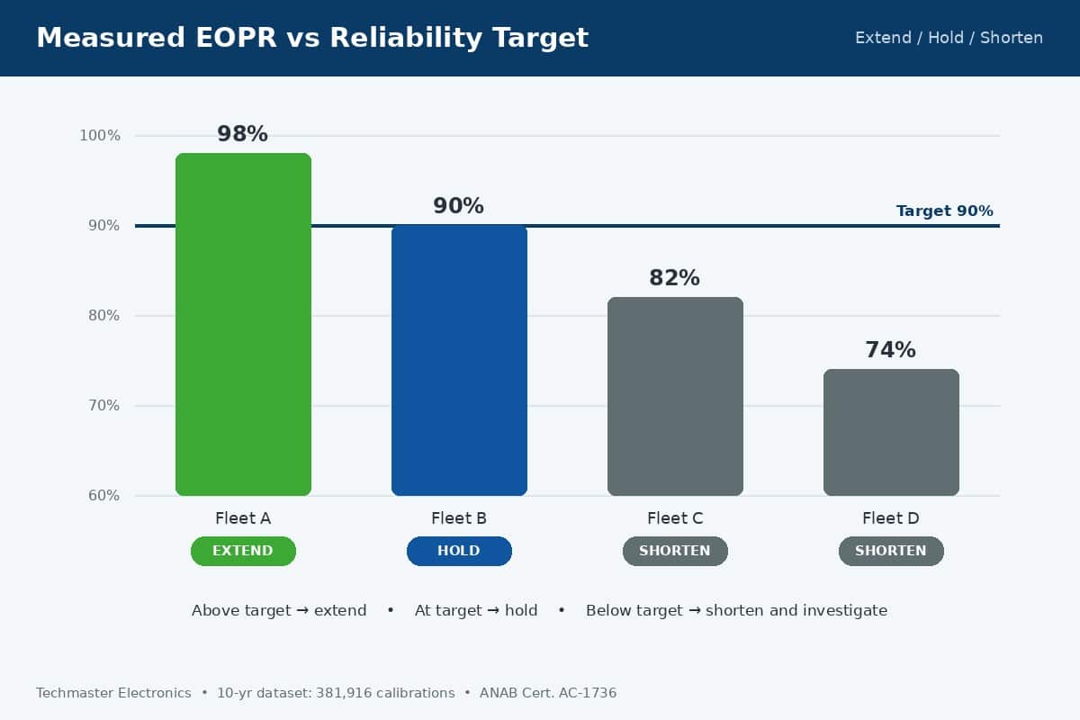Bar chart comparing measured End-of-Period Reliability against an 85, 90, and 95 percent target with color-coded extend, hold, and shorten zones for calibration interval decisions.