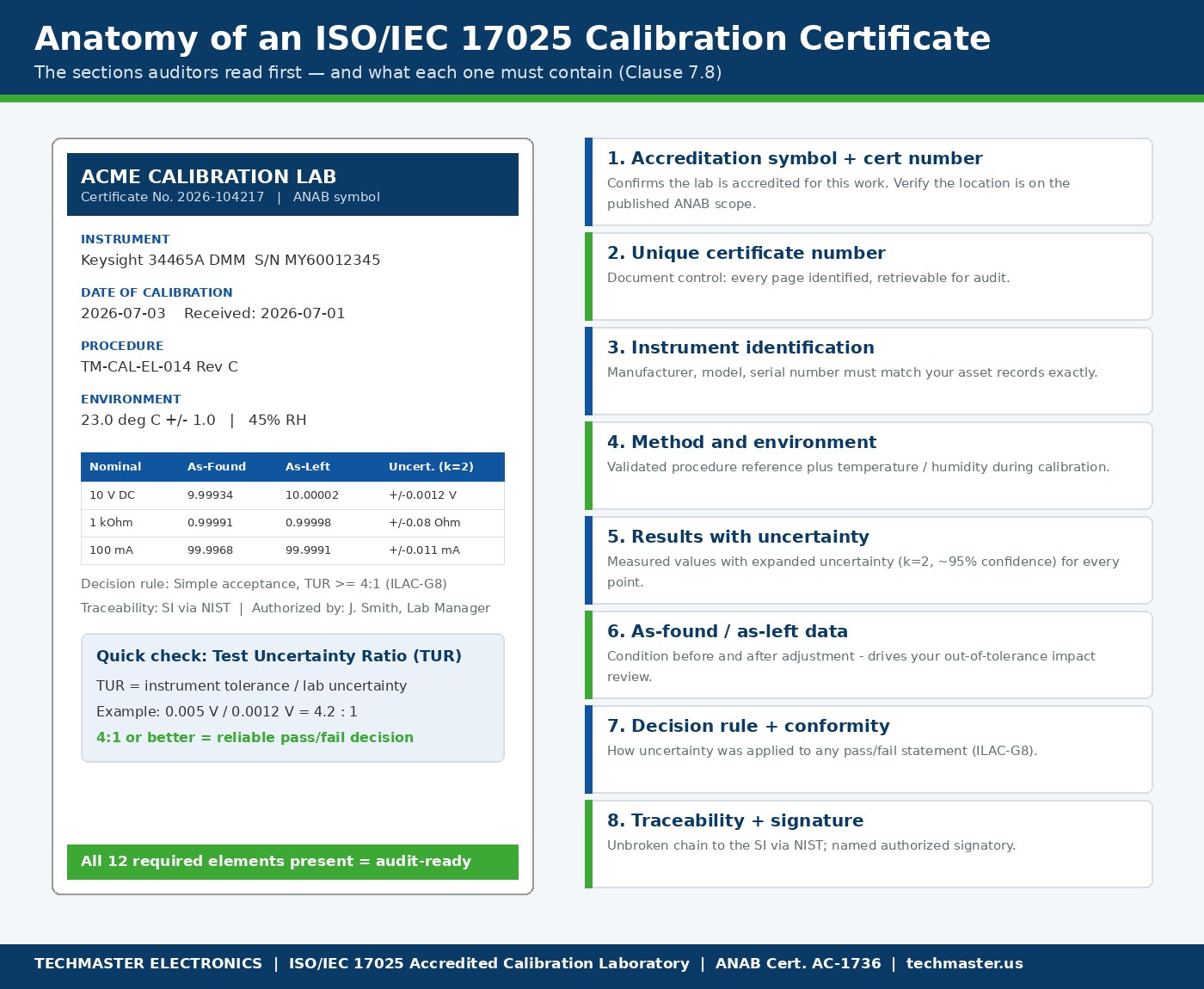 Anatomy of an ISO/IEC 17025 calibration certificate infographic — 8 required sections including accreditation symbol, results with uncertainty, as-found as-left data, decision rule, and traceability