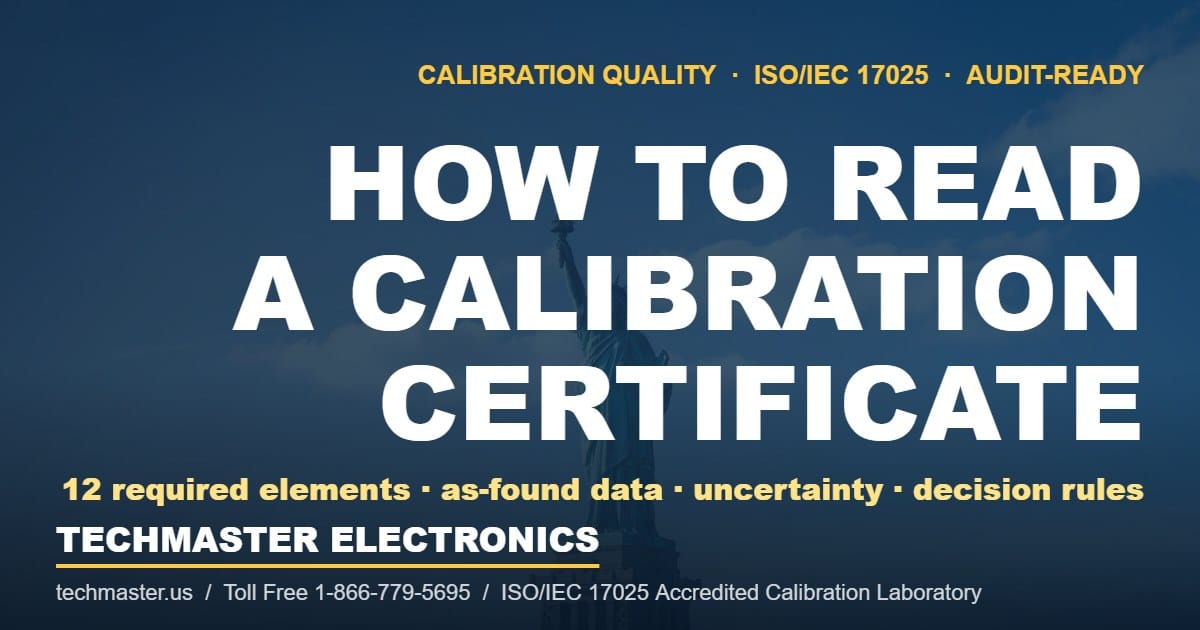 How to read an ISO/IEC 17025 calibration certificate — Techmaster Electronics guide with Statue of Liberty background