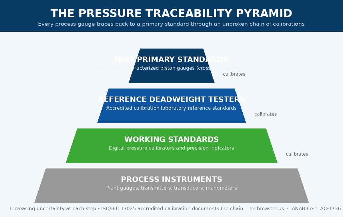 Pressure traceability pyramid — NIST primary piston gauges calibrate reference deadweight testers, which calibrate working digital pressure calibrators, which calibrate process instruments