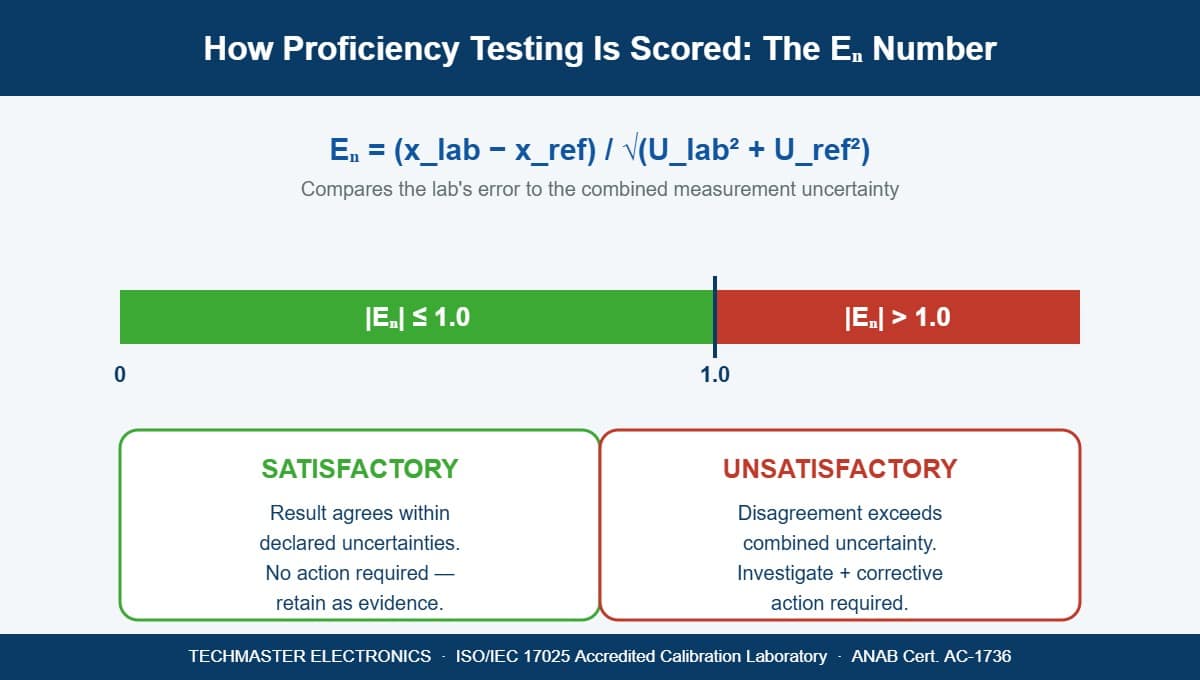 Diagram of the E-n number proficiency testing scoring scale showing a satisfactory zone at or below 1.0 and an unsatisfactory zone above 1.0, with the E-n formula comparing lab error to combined measurement uncertainty.