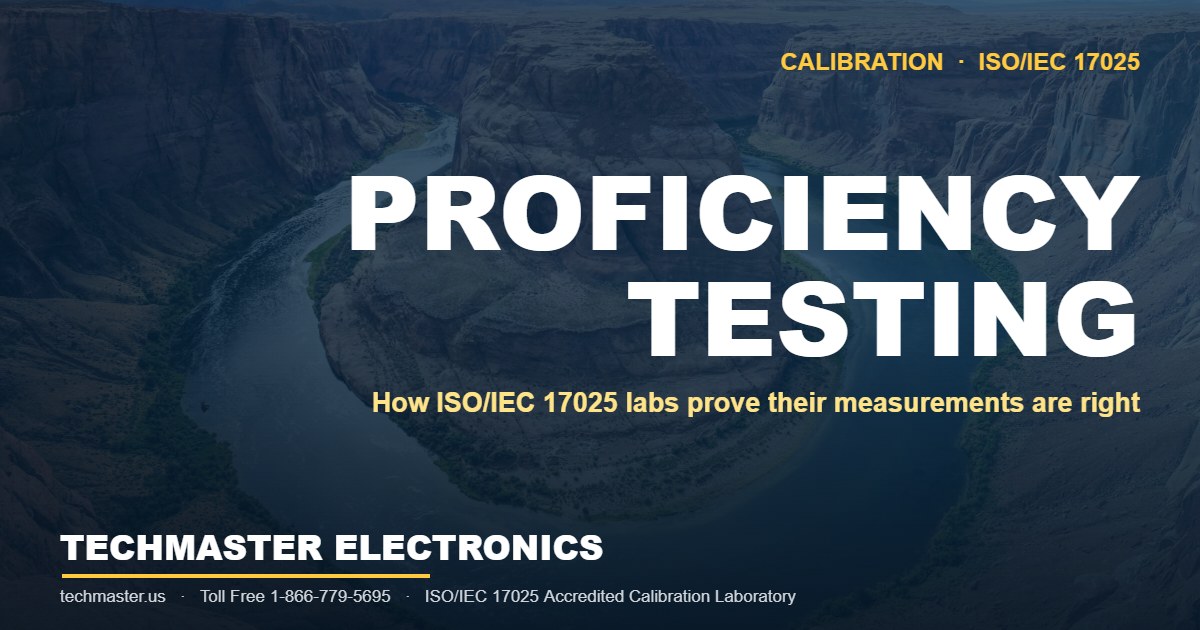 Proficiency testing in Techmaster Electronics ISO/IEC 17025 accredited calibration laboratories, United States, with a Grand Canyon backdrop.