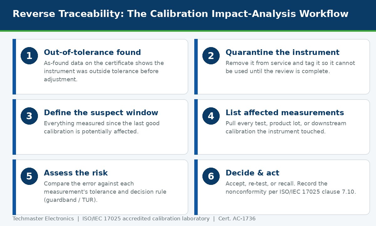 Six-step reverse traceability impact-analysis workflow: out-of-tolerance found, quarantine instrument, define suspect window, list affected measurements, assess risk, decide and act.