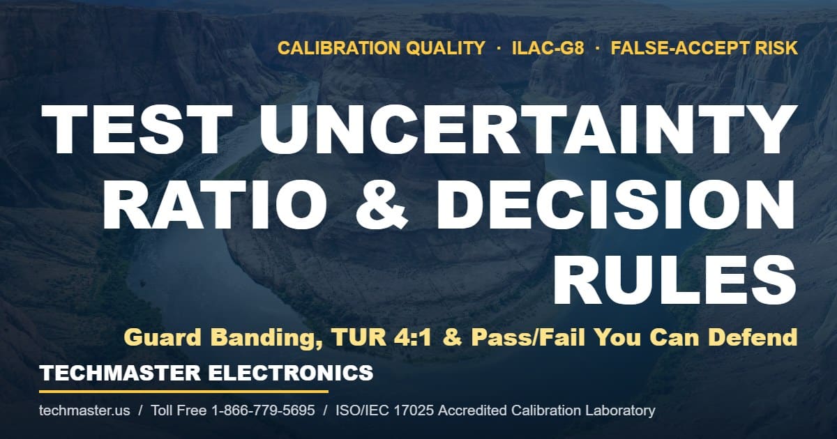 Test uncertainty ratio and decision rules — Techmaster Electronics ISO/IEC 17025 accredited calibration laboratory, featured image with Grand Canyon backdrop