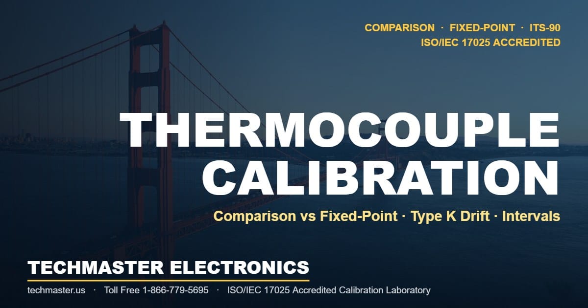 Techmaster Electronics featured graphic: Thermocouple Calibration — comparison vs fixed-point methods, ISO/IEC 17025 accredited