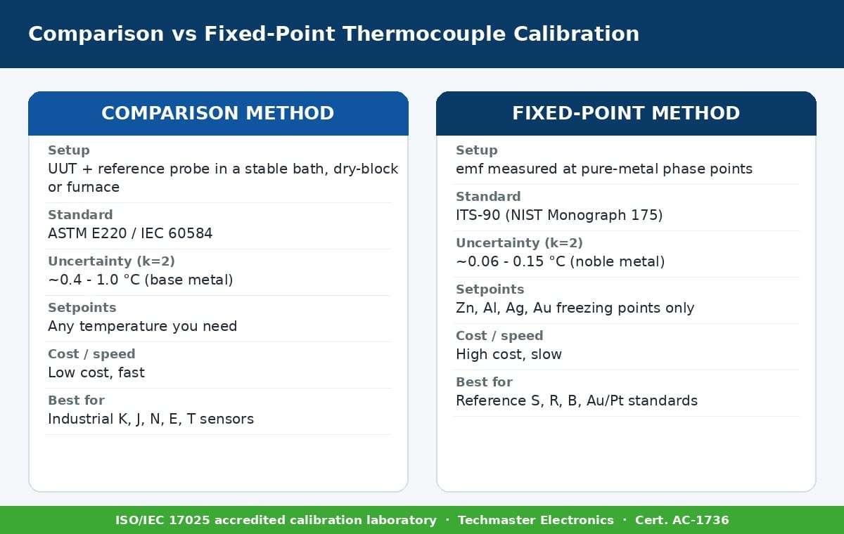 Infographic comparing comparison method and fixed-point method for thermocouple calibration, showing setup, typical uncertainty, cost, and best-fit sensor types