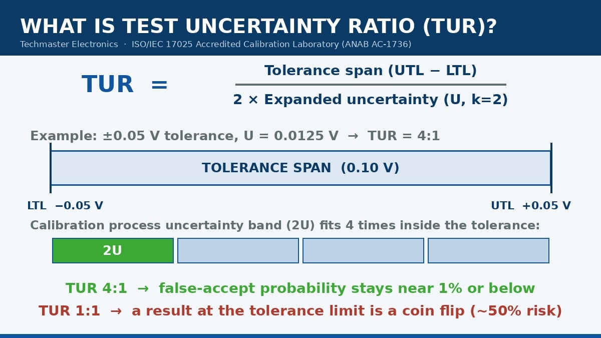 Diagram of test uncertainty ratio formula: TUR equals tolerance span divided by twice the expanded uncertainty, 4:1 example