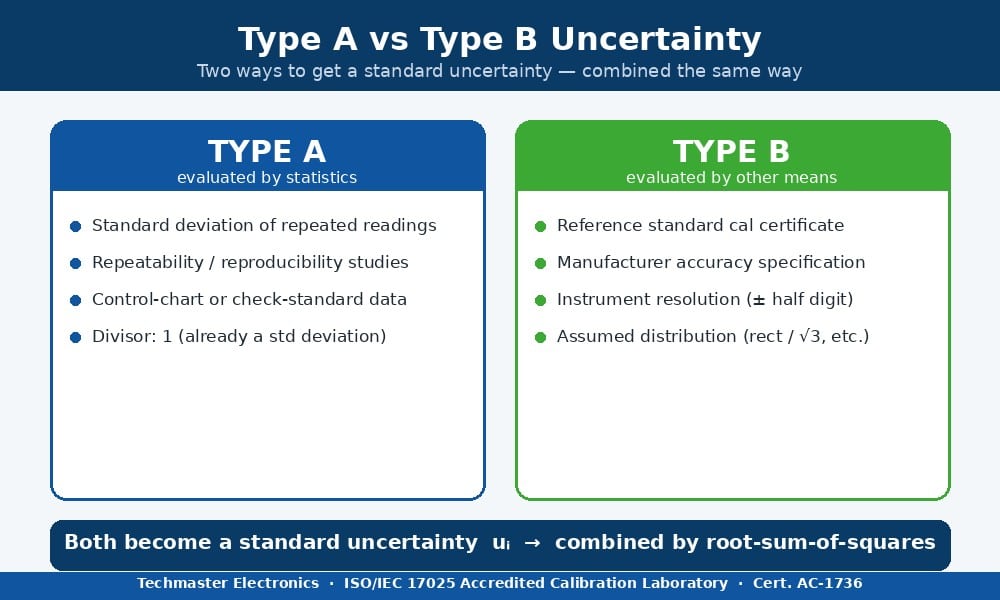 Infographic comparing Type A uncertainty, evaluated by statistics from repeated readings, with Type B uncertainty, evaluated from calibration certificates, specifications, and resolution.