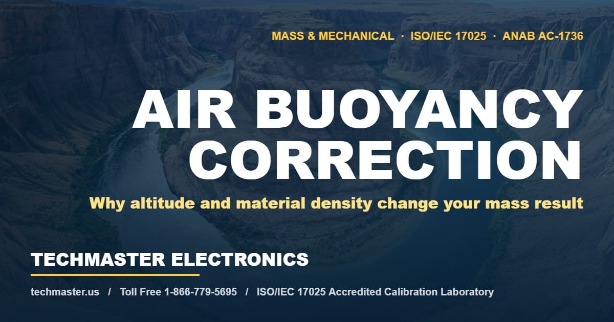 Air buoyancy correction in mass calibration — Techmaster Electronics ISO/IEC 17025 accredited calibration laboratory featured image