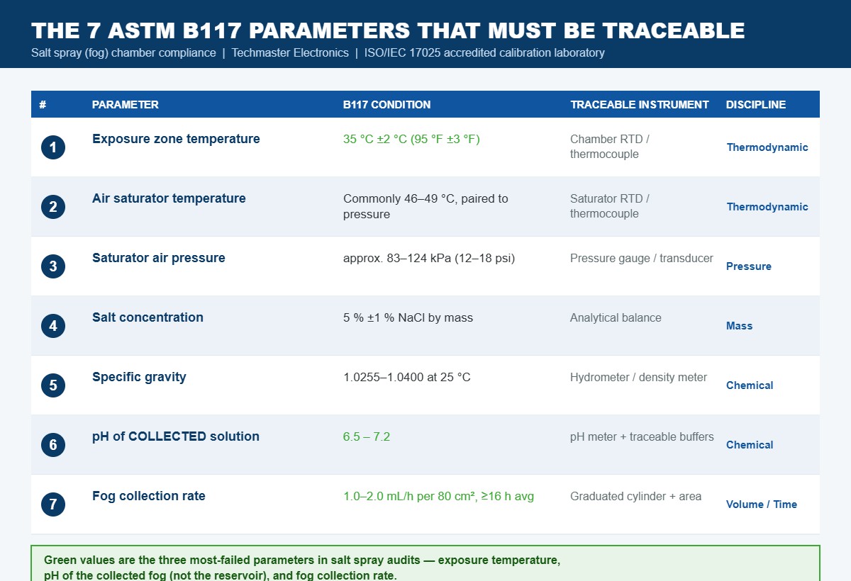 Table of the seven ASTM B117 salt spray chamber parameters requiring traceable calibration: exposure zone temperature 35 C plus or minus 2 C, saturator temperature and pressure, 5 percent NaCl concentration, specific gravity, pH 6.5 to 7.2, and fog collection rate 1.0 to 2.0 mL per hour per 80 cm2