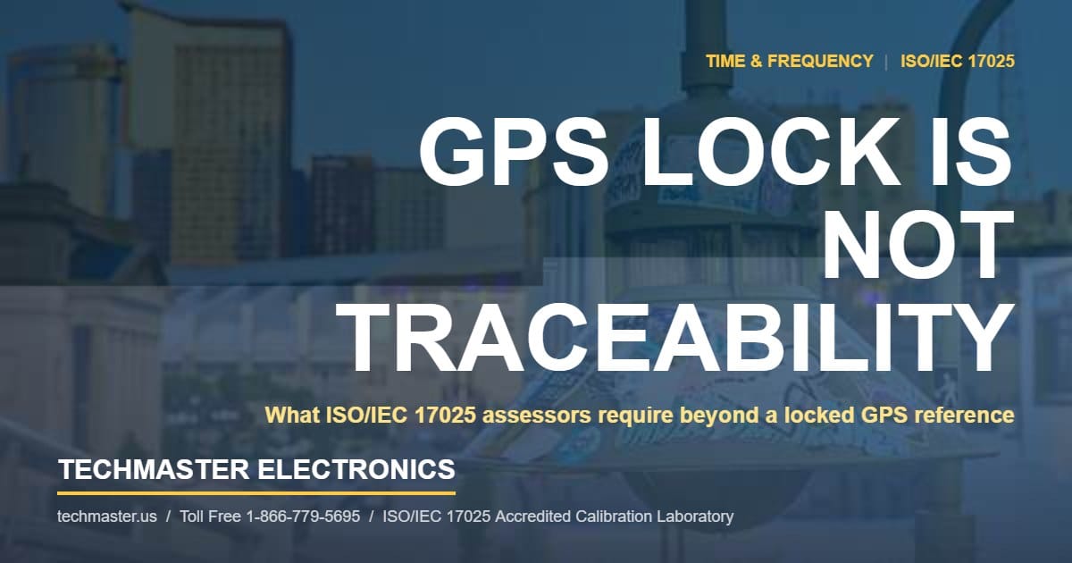 Techmaster Electronics featured graphic reading GPS LOCK IS NOT TRACEABILITY over a golden-hour downtown Nashville street scene, with ISO/IEC 17025 accredited calibration laboratory branding