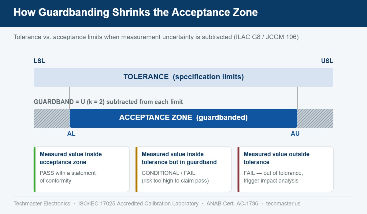 Diagram showing how a guardband equal to expanded uncertainty U (k=2) shrinks the acceptance zone inside the tolerance limits on an ISO/IEC 17025 calibration certificate