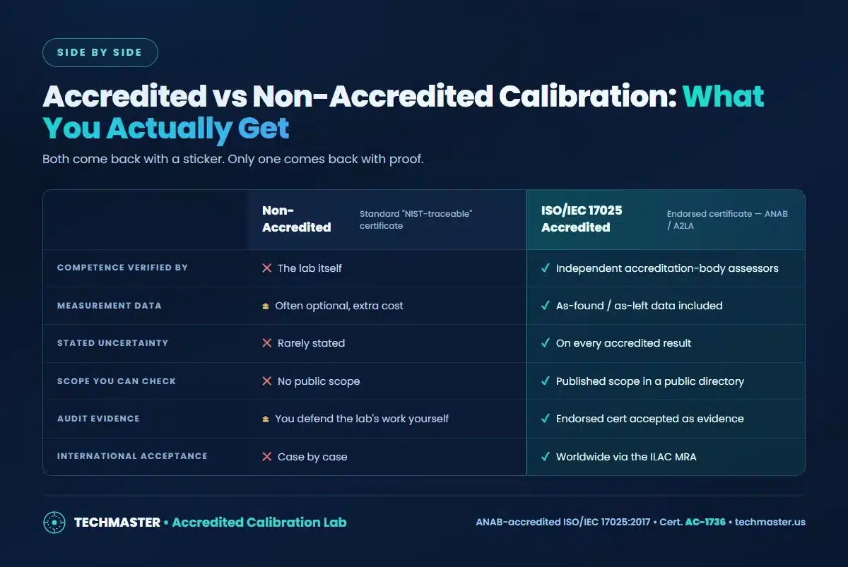 Accredited ISO/IEC 17025 calibration certificate versus non-accredited calibration certificate comparison