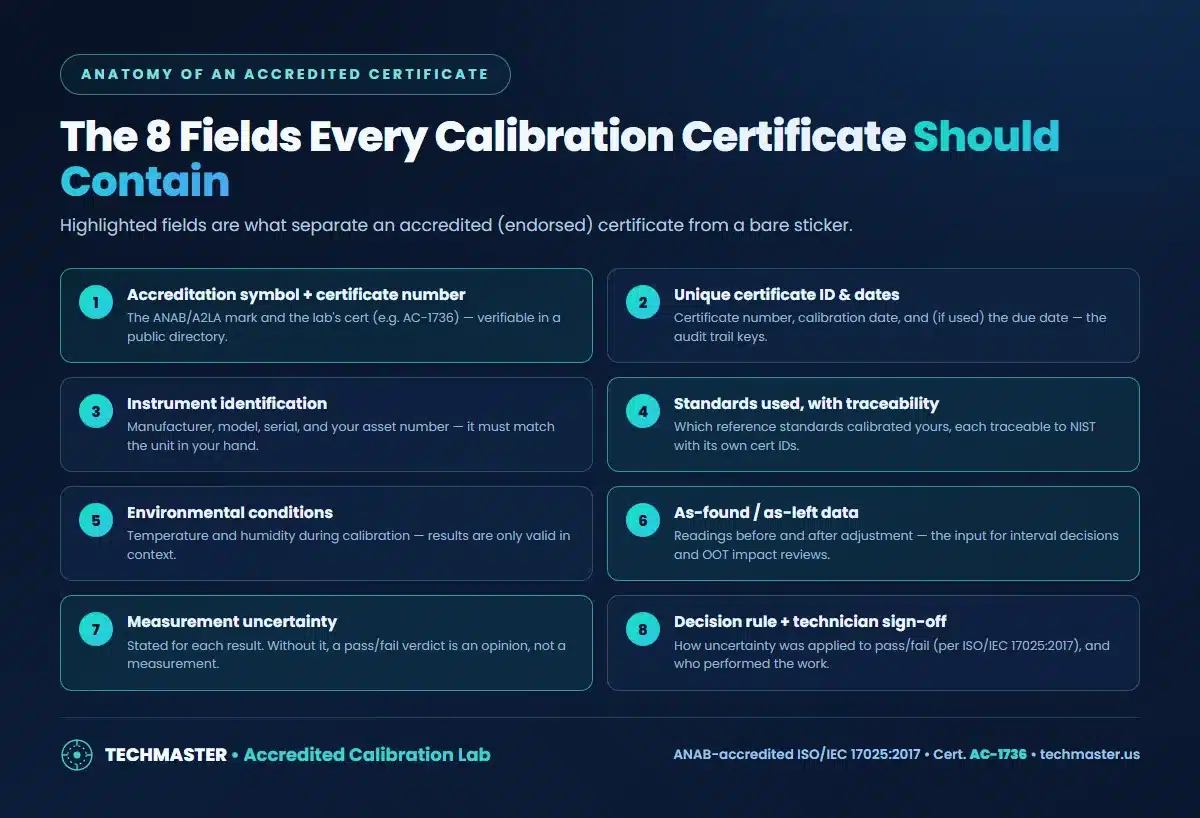 Anatomy of an accredited calibration certificate — the 8 fields every certificate should contain