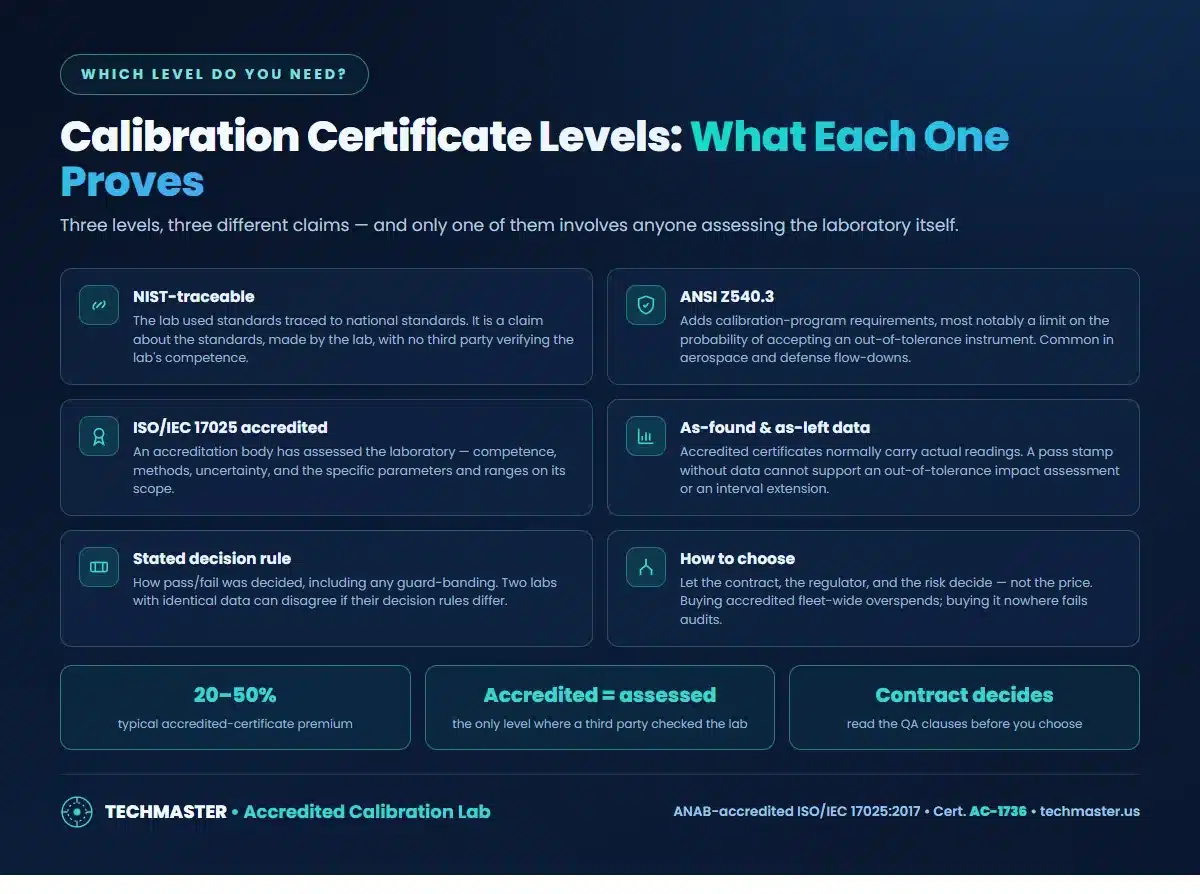 Calibration certificate levels compared — NIST-traceable, ANSI Z540.3, ISO/IEC 17025 accredited, as-found and as-left data, stated decision rule, and how to choose