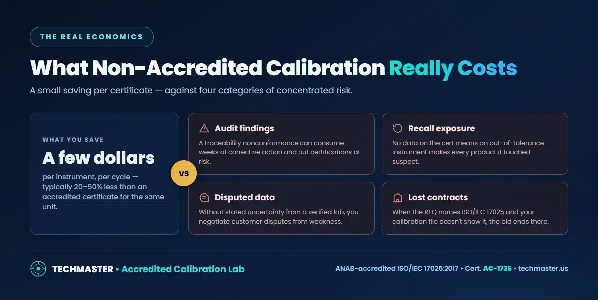 The hidden costs of non-accredited calibration — audit findings, recall exposure, disputed data, and lost contracts versus the small per-instrument saving