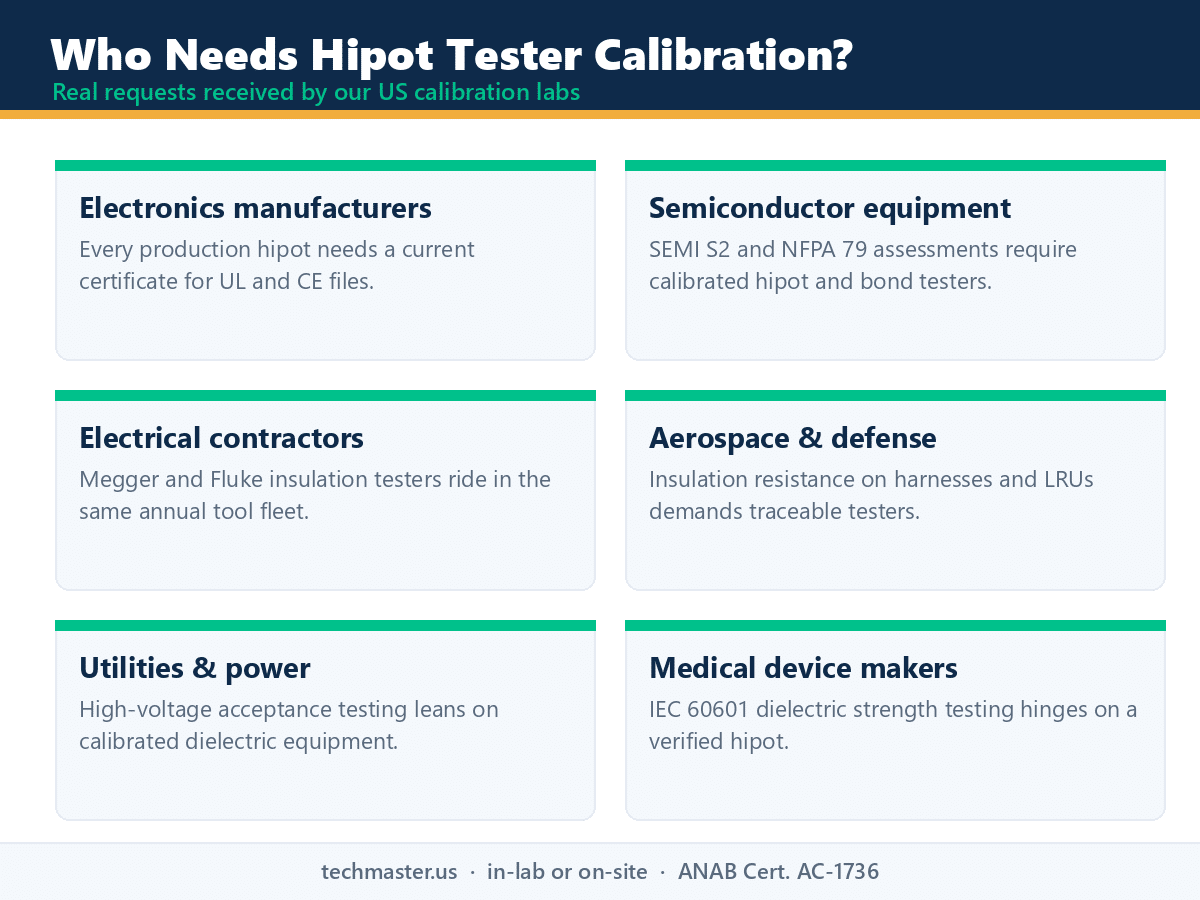 Industries that need hipot tester calibration - electronics, semiconductor, electrical, medical devices