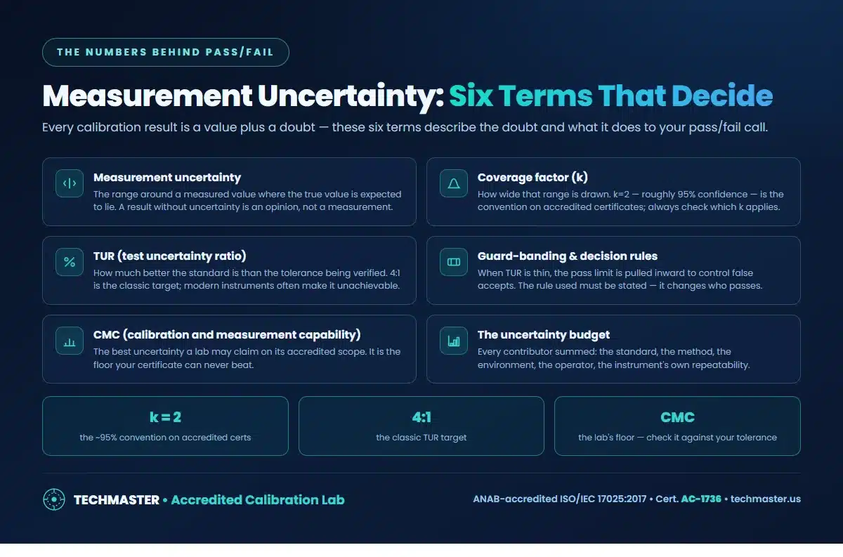 Six measurement uncertainty terms — measurement uncertainty, coverage factor k, test uncertainty ratio, guard-banding and decision rules, CMC, and the uncertainty budget