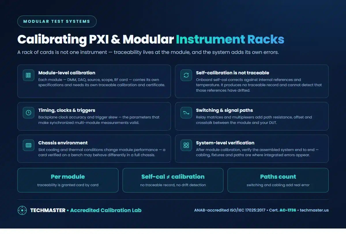 Calibrating PXI and modular instrument racks - module-level calibration, why self-calibration is not traceable, timing and triggers, switching paths, chassis environment, system-level verification