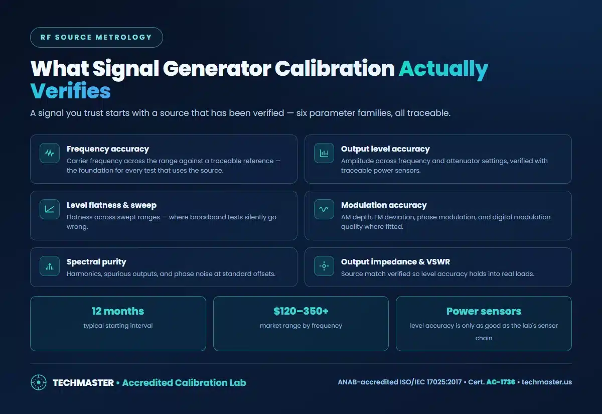 What signal generator calibration verifies — frequency accuracy, output level, flatness, modulation, spectral purity, VSWR
