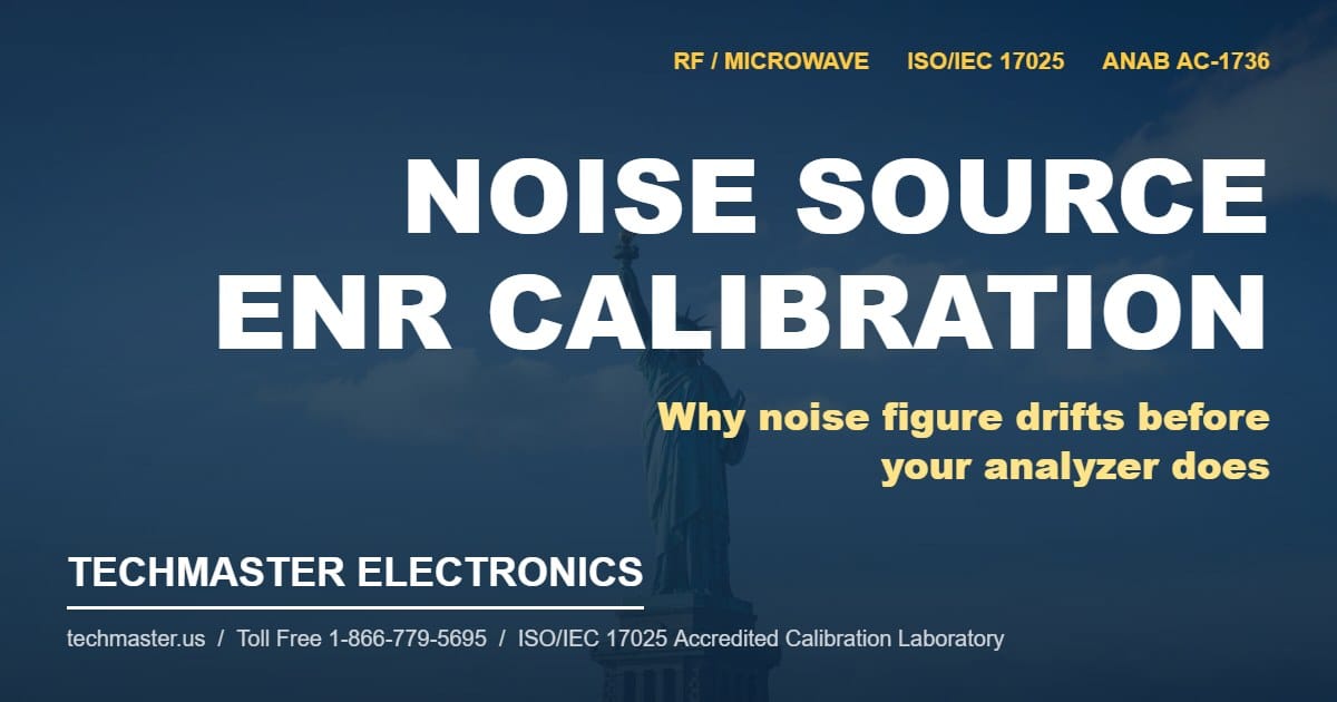 Noise source ENR calibration featured image with Statue of Liberty background and Techmaster Electronics ISO/IEC 17025 branding
