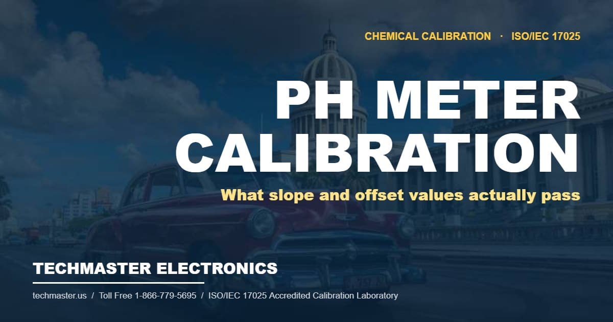 pH Meter Calibration: What Slope and Offset Values Actually Pass — Techmaster Electronics, ISO/IEC 17025 accredited calibration laboratory, ANAB Cert. AC-1736
