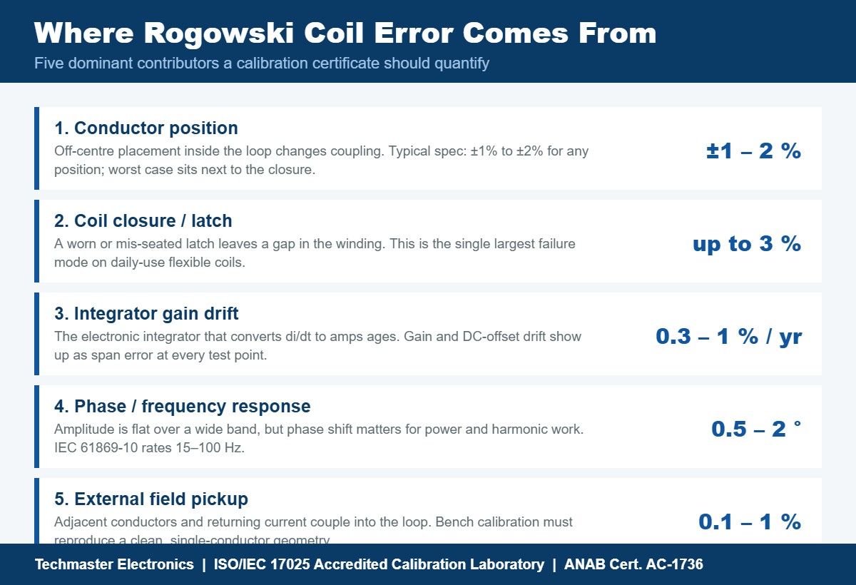 Five sources of Rogowski coil measurement error: conductor position, coil closure, integrator gain drift, phase response and external field pickup