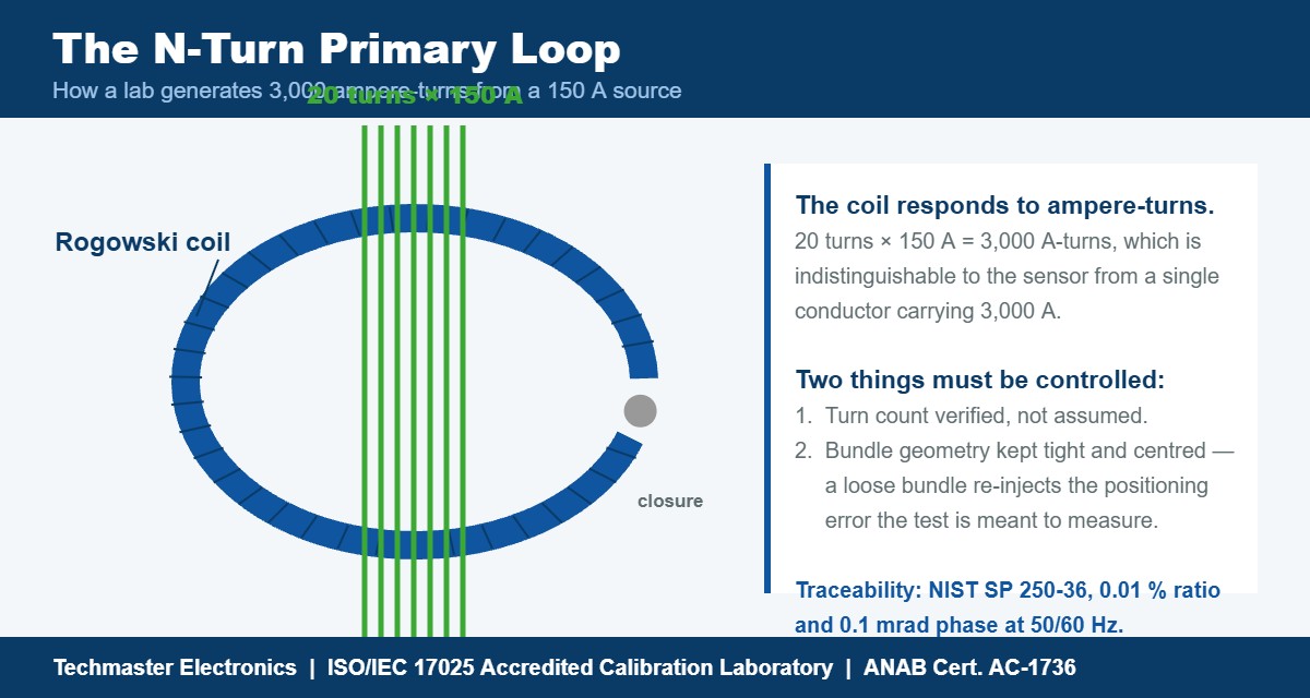 N-turn primary loop for Rogowski coil calibration: 20 turns at 150 A generates 3,000 ampere-turns traceable to NIST