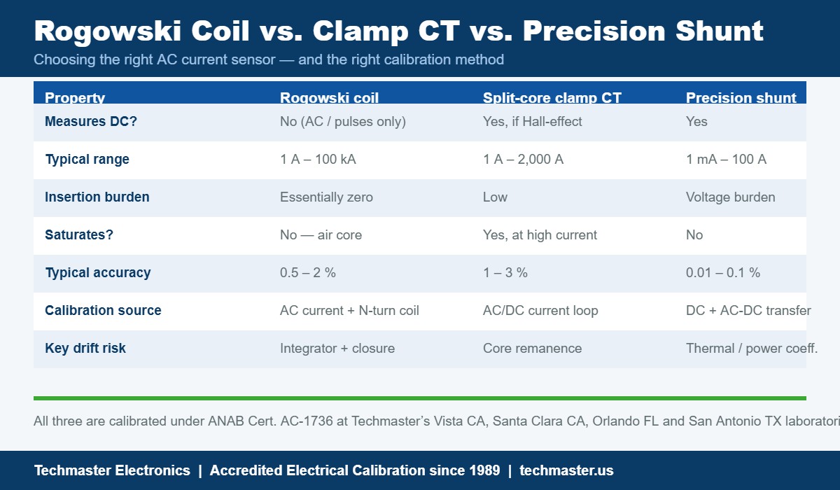Comparison table of Rogowski coil, split-core clamp CT and precision shunt for AC current measurement and calibration