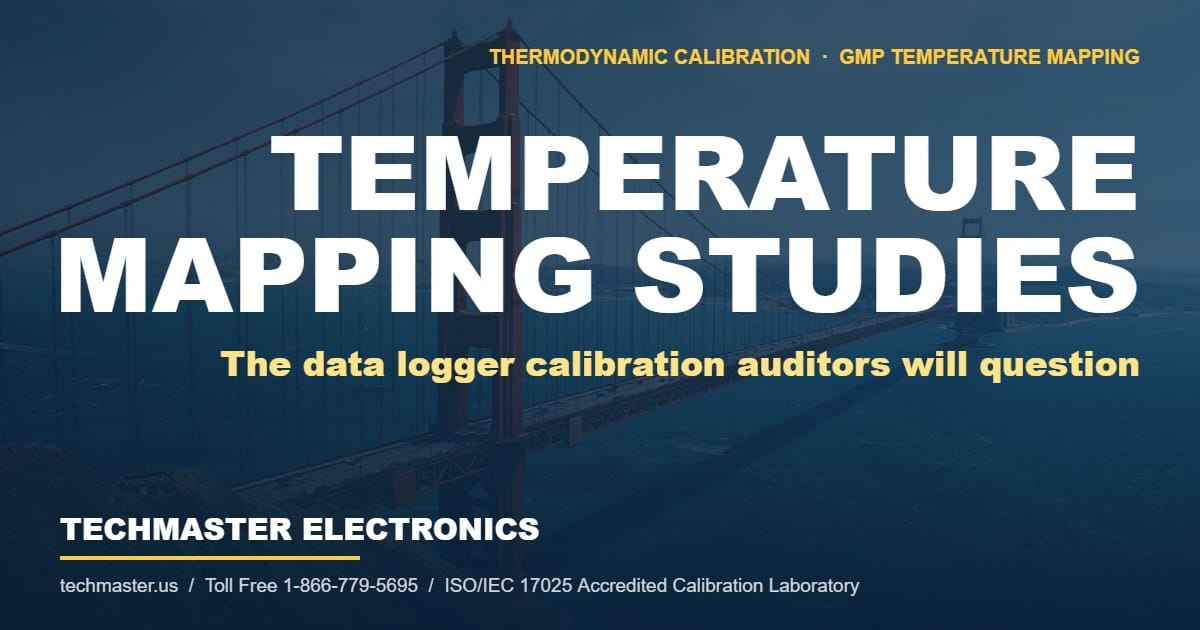 Temperature mapping studies featured image with Golden Gate Bridge background and Techmaster Electronics ISO/IEC 17025 accredited calibration laboratory branding