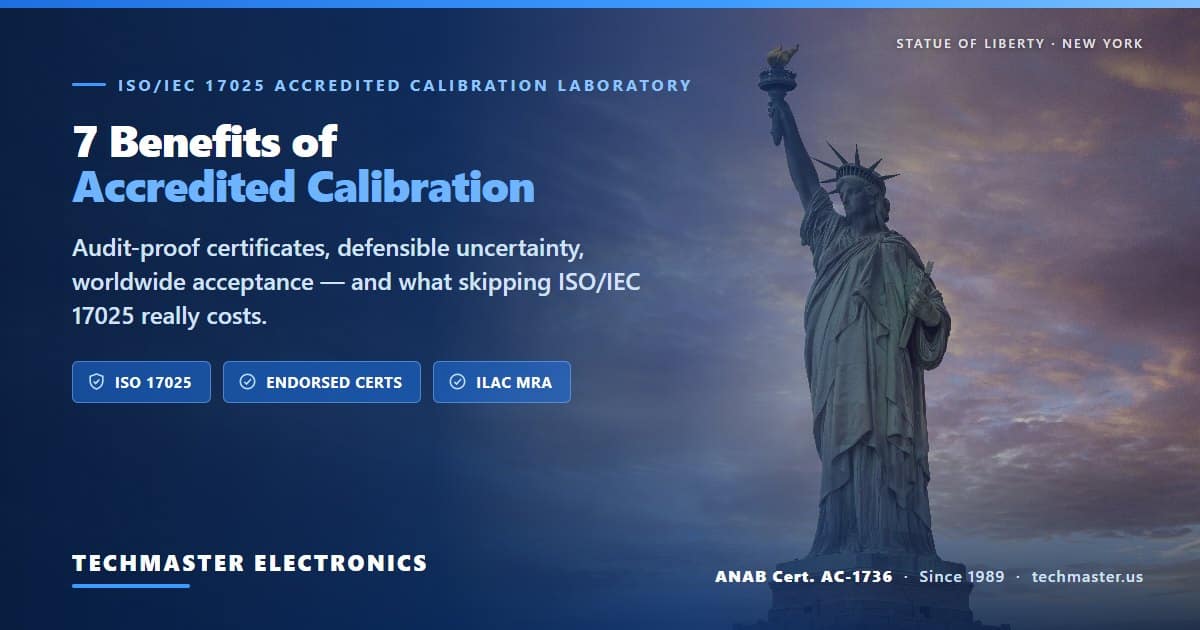 Benefits of ISO/IEC 17025 accredited calibration for electronics — Techmaster Electronics, ANAB-accredited calibration laboratory