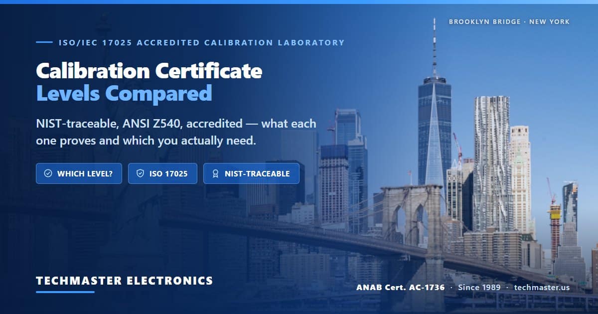 Calibration certificate levels compared — NIST-traceable, ANSI Z540 and ISO 17025 accredited, from Techmaster Electronics