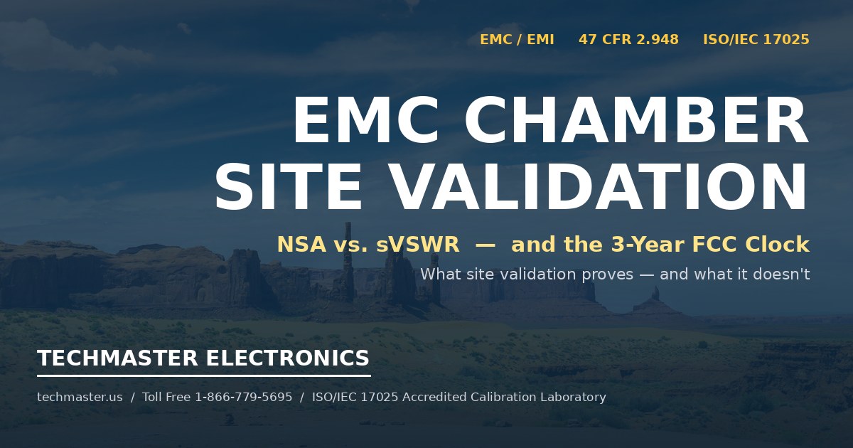 EMC Chamber Site Validation: NSA vs. sVSWR and the 3-Year FCC Clock — Techmaster Electronics, ISO/IEC 17025 accredited calibration laboratory, ANAB Cert. AC-1736