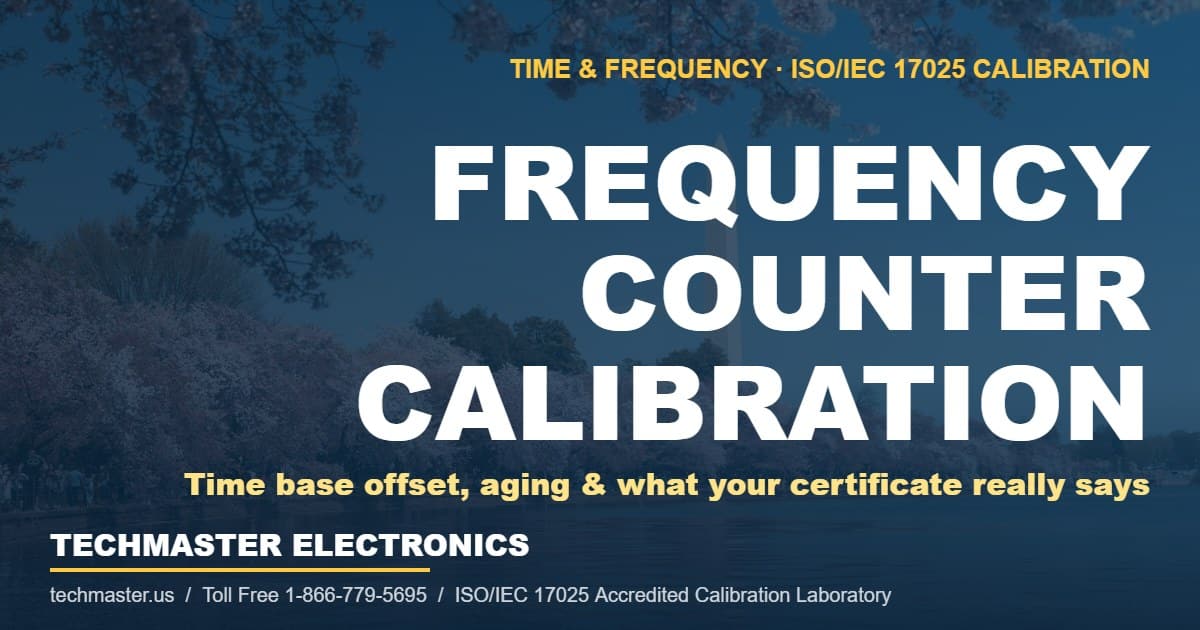 Frequency counter calibration guide — time base offset and aging, Techmaster Electronics ISO/IEC 17025 accredited calibration laboratory, Washington DC landmark background