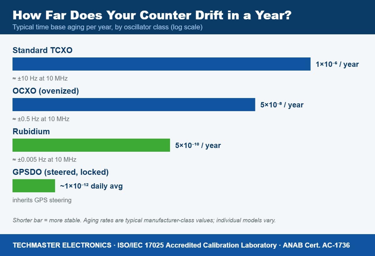Chart comparing typical yearly time base aging of TCXO, OCXO, rubidium, and GPSDO frequency counter oscillators on a log scale