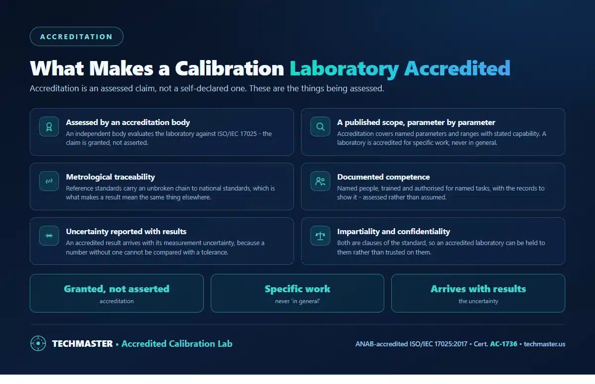 What makes a calibration laboratory accredited - assessment by an accreditation body, a published scope parameter by parameter, metrological traceability, documented competence, uncertainty reported with results, and impartiality and confidentiality as clauses of the standard