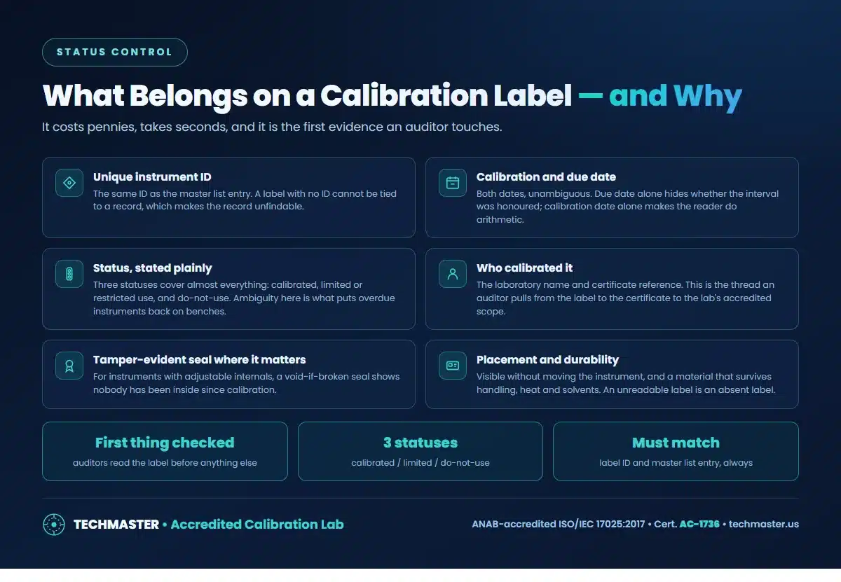 What belongs on a calibration label - unique instrument ID, calibration and due date, status, who calibrated it, tamper-evident seal, placement and durability