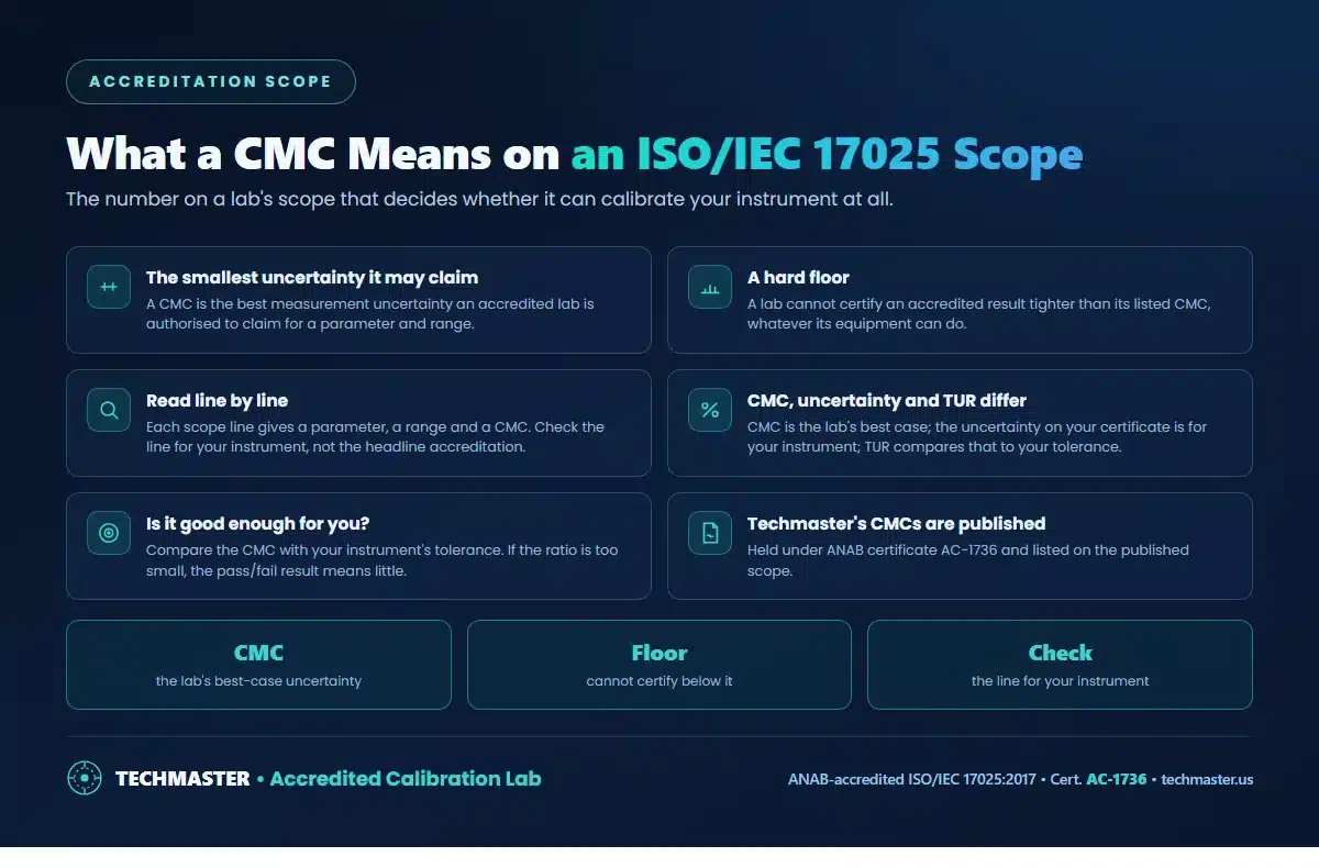 What a CMC means on an ISO/IEC 17025 scope - the smallest uncertainty a lab may claim, a floor it cannot certify below, how to read a scope line, and how CMC differs from uncertainty and TUR