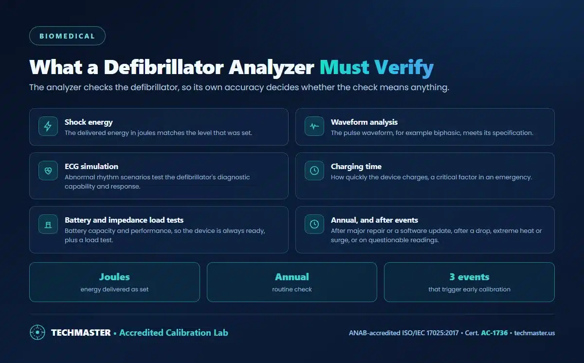 What a defibrillator analyzer must verify - shock energy in joules, waveform, ECG simulation, charging time, battery and load tests - and when to calibrate it: annually and after repair, shock or questionable readings