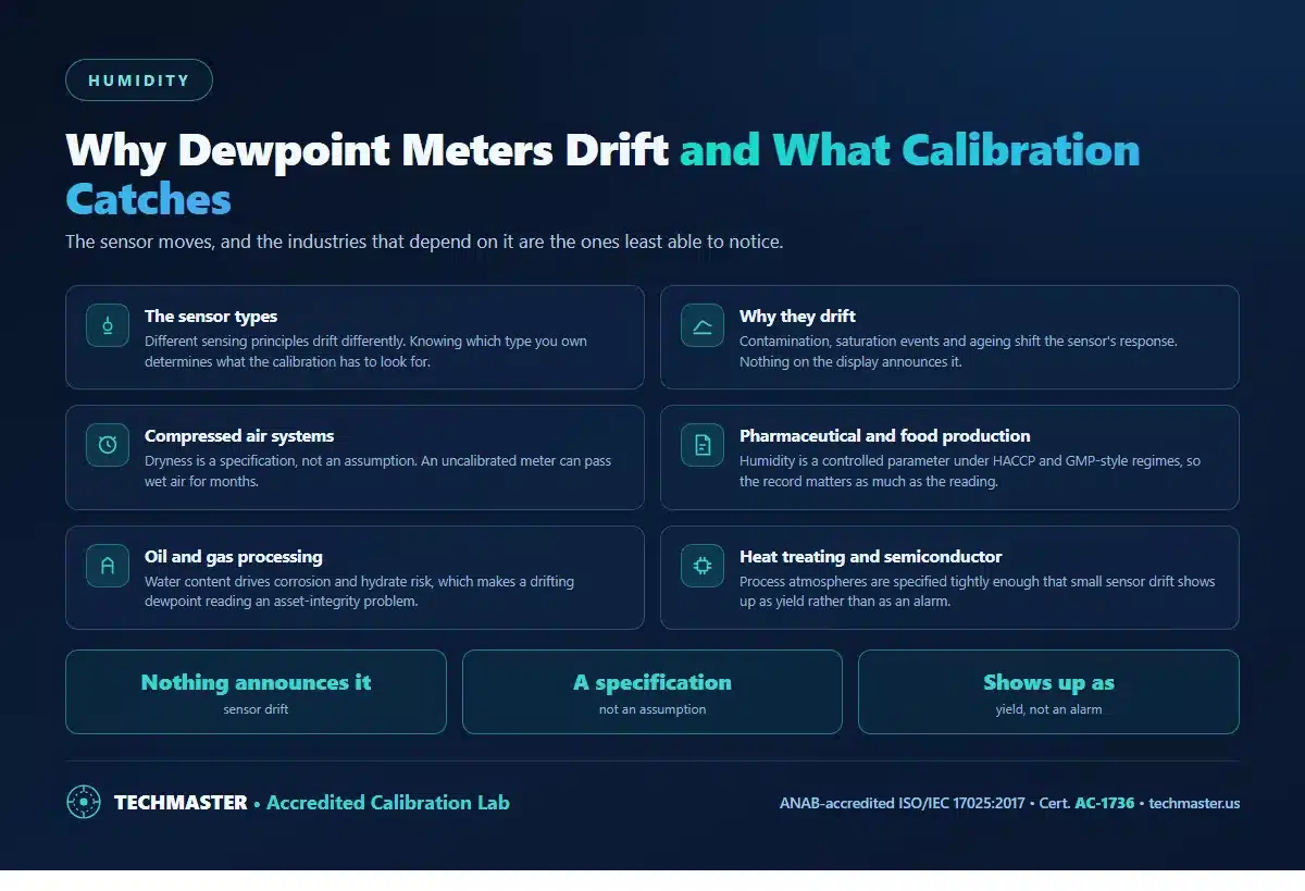 Why dewpoint meters drift and what calibration catches - sensor types, causes of drift, compressed air systems, pharmaceutical and food production under HACCP, oil and gas processing, and heat treating and semiconductor manufacturing