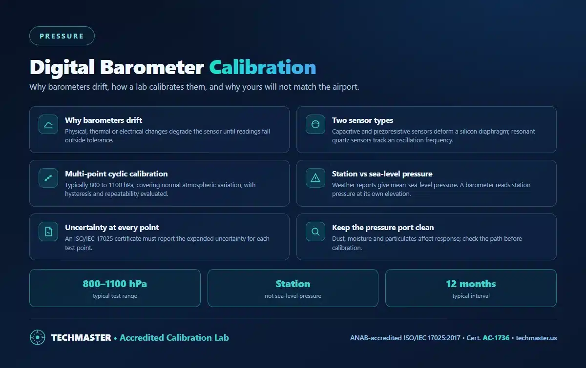 Digital barometer calibration - why barometers drift, capacitive and quartz sensor types, multi-point cyclic calibration from 800 to 1100 hPa, station pressure versus mean sea level pressure, and uncertainty at every test point