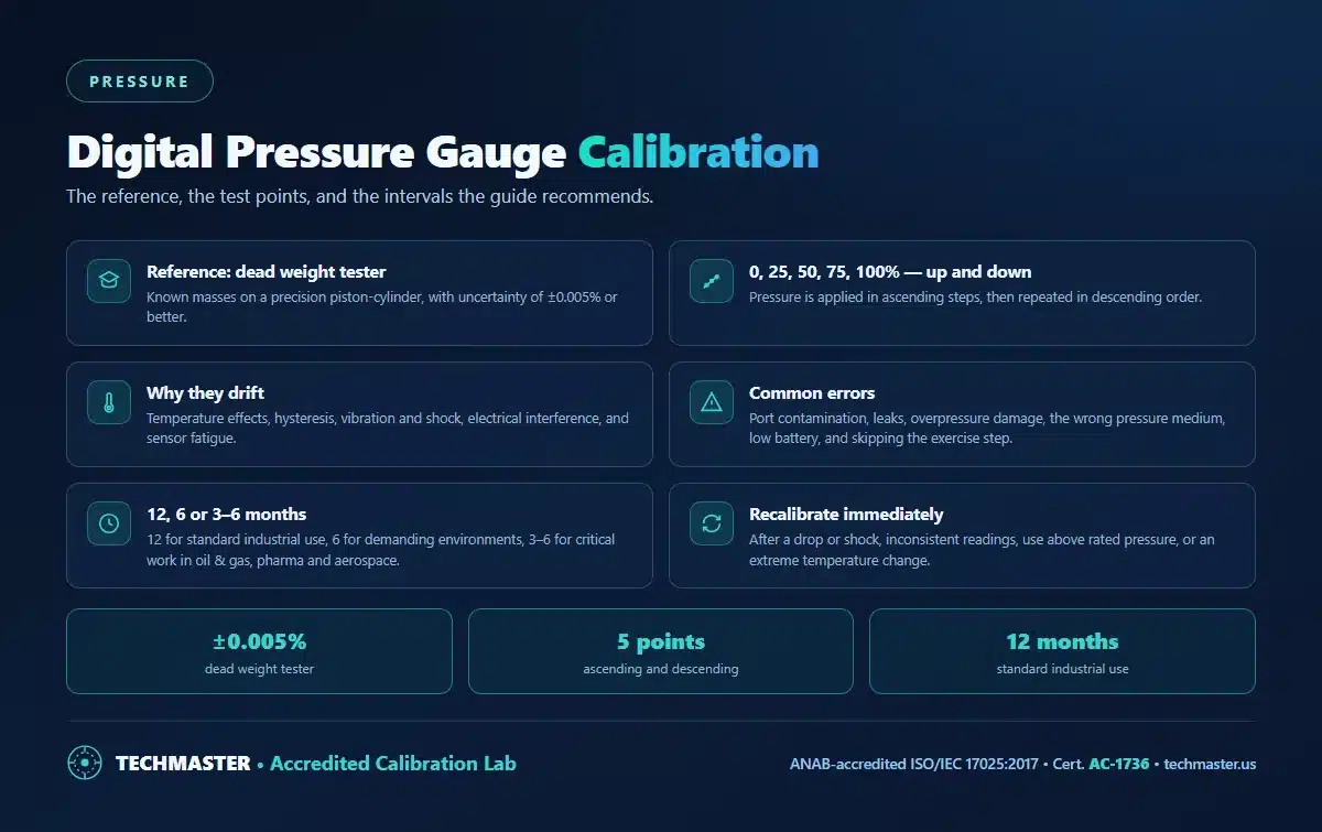 Digital pressure gauge calibration - dead weight tester reference, test points at 0, 25, 50, 75 and 100 percent ascending and descending, causes of drift, common errors, and 12, 6 or 3 to 6 month intervals
