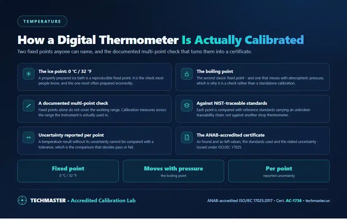 How a digital thermometer is calibrated - the ice point at 0 C or 32 F, the boiling point, a documented multi-point check against NIST-traceable standards, uncertainty reported per point, and an ANAB-accredited certificate